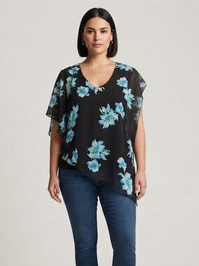VAMP Women's Medium Black Blue Floral Chiffon Overlay Blouse Made in Canada